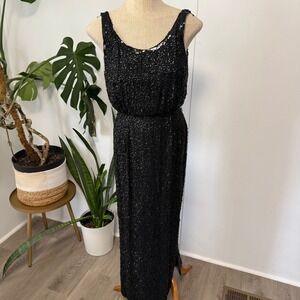 Royal Lynne Sequin Gown Women 10 Black Vintage Silk Sleeveless Formal Maxi Dress